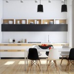monochrome-kitchen-ideas-with-wooden-flooring-and-black-pendant-lamp-for-kitchen-interior-design-with-long-kitchen-island-design-and-formal-dining-sets-design-with-black-and-white-dining-c